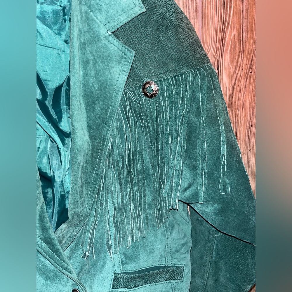 Hunt Club Teal Green Suede Fringe Leather Jacket - Picture 4 of 9